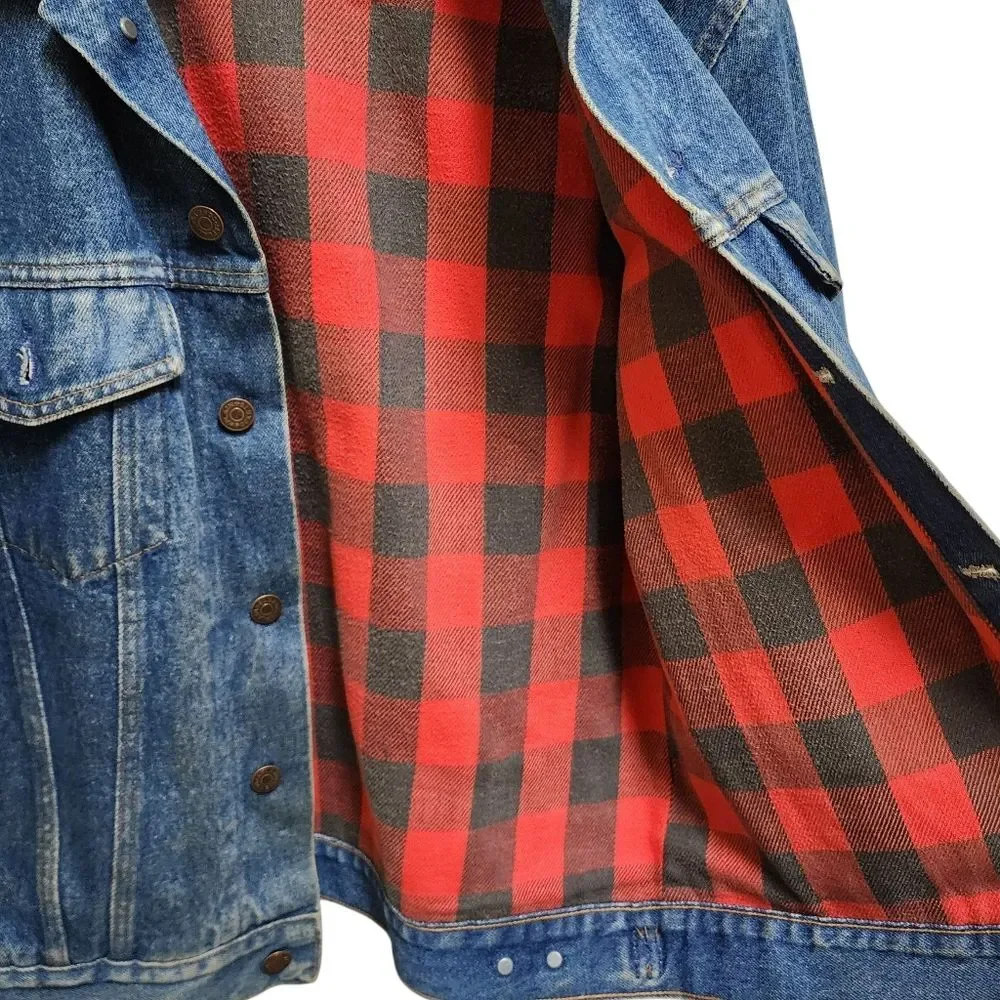 Plain Pocket Blue Denim Jean Jacket Men 40 Buffalo Plaid Lining Trucker Western
